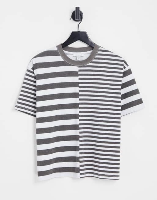 Topshop - Monokrom T-shirt med blandede striber i firkantet pasform