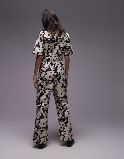 Topshop - Monokromt jumpsuit med korte ærmer og plettet print, 2 af 4