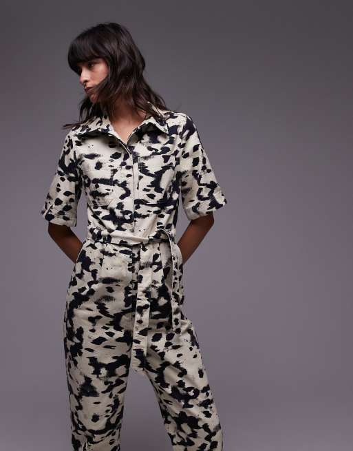 Topshop - Monokromt jumpsuit med korte ærmer og plettet print, 3 af 4