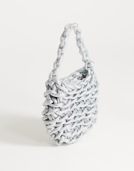 Topshop Morgan small weave grab bag in silver, 3 of 4