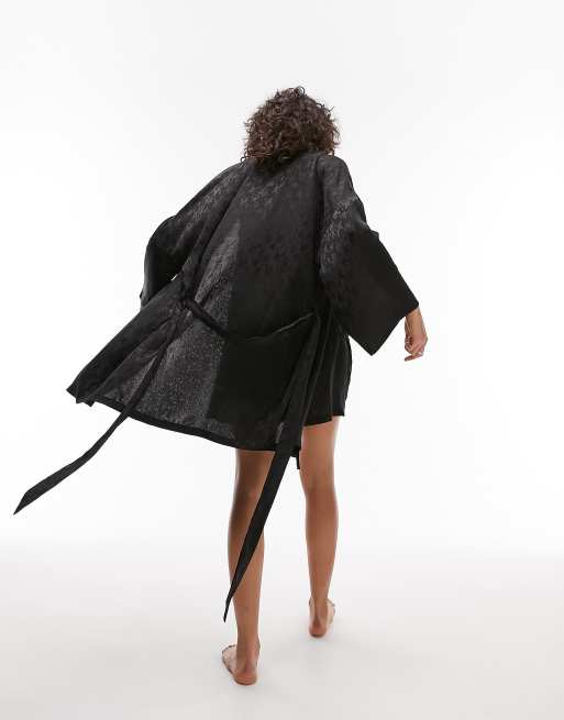 Topshop – Morgenmantel aus geblümtem Jacquard in Schwarz