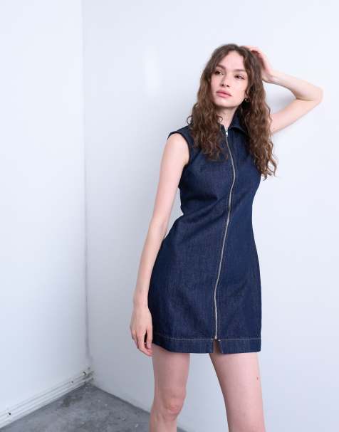 Topshop – Mörkblå, ärmlös jeansklänning med dragkedja - view 1