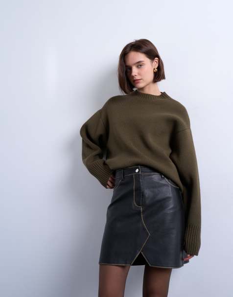 Topshop – Mörkbrun minikjol av läderimitation i denimstil med v-skärning framtill - view 1