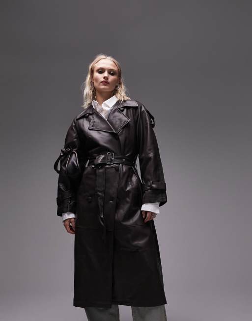 Topshop – Mörkbrun trenchcoat i läderimitation