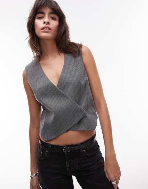 Topshop – Mörkgrå asymmetrisk kostymväst i omlottdesign - view 1