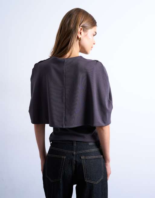 Topshop – Mörkgrå, åtsmitande topp med cape, 4 av 4