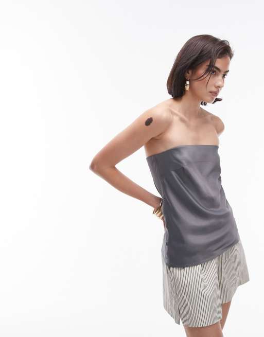 Topshop – Mörkgrå, lång bandeau-topp i satin