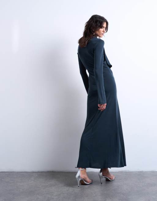 Topshop – Mörkgrå maxiklänning i cupro med scarfdetalj och volang, 4 av 4