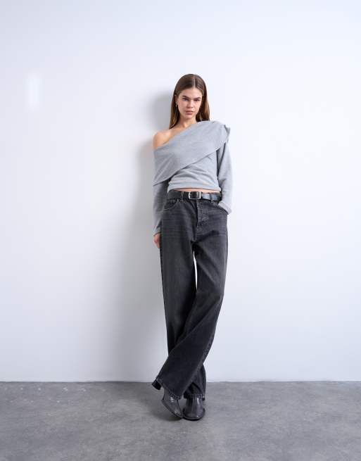 Topshop – Mörkgrå, melerad topp med långa ärmar och draperad, asymmetrisk bardotringning, 3 av 4
