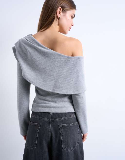 Topshop – Mörkgrå, melerad topp med långa ärmar och draperad, asymmetrisk bardotringning, 4 av 4