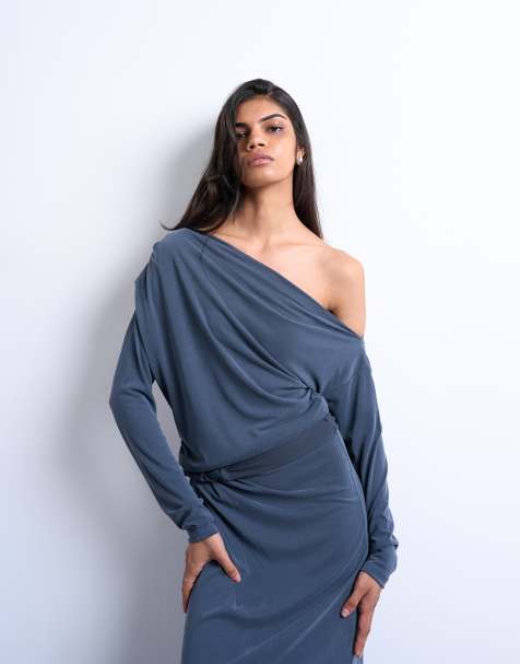 Topshop – Mörkgrå topp i cupro med långa ärmar och snurrad bardotdetalj, del av set - view 1