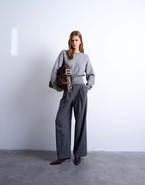 Topshop – Mörkgrå, vida byxor med dubbla veck och hög midja - view 1