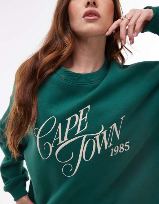 Topshop – Mörkgrön sweatshirt i oversize med "Cape Town"-tryck, del av set, 4 av 4