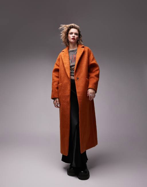 Topshop – Mörkorange, borstad, lång kappa med påsydda fickor
