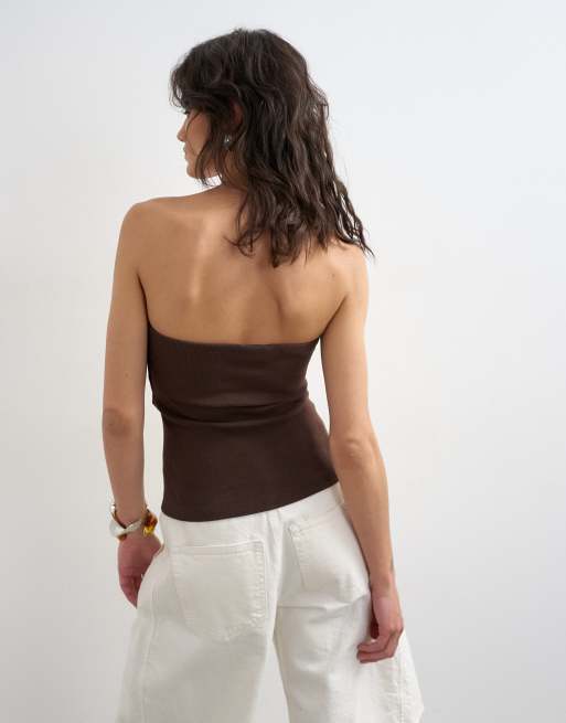 Topshop – Mörkt chokladbrun bandeau-topp med knäppning, 3 av 4