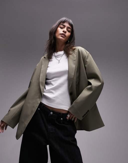 Topshop – Mörkt kakifärgad kavaj i extrem granddad-modell, del av set