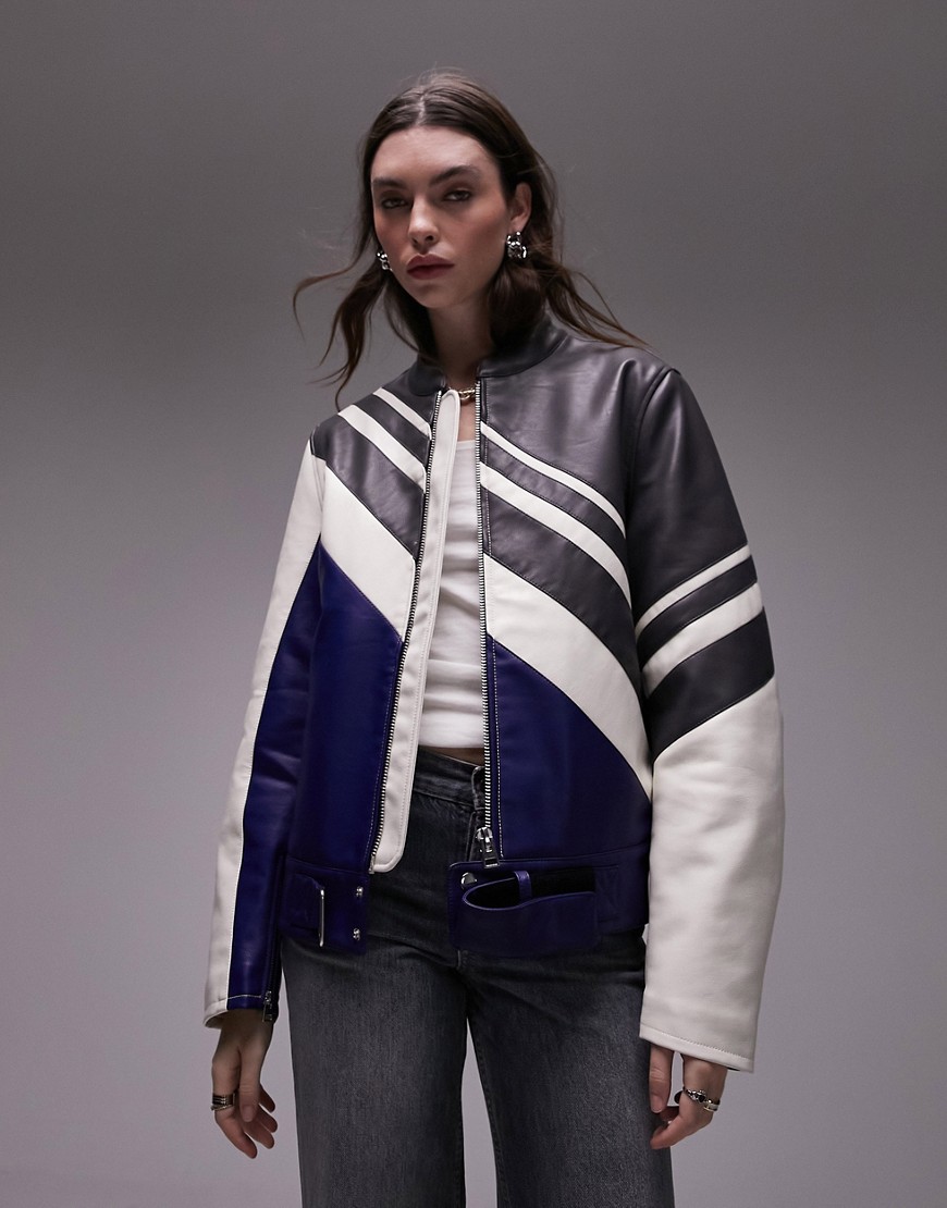 motocross color block faux leather jacket in multi