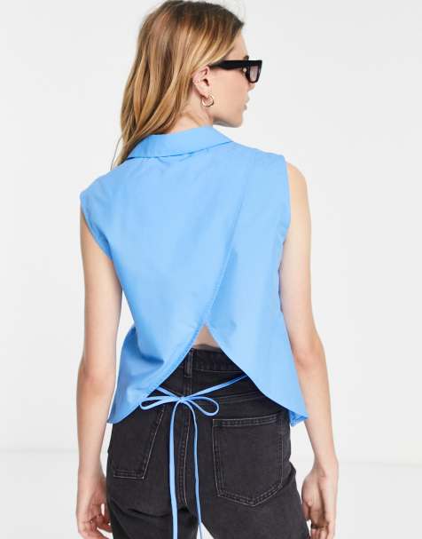 Topshop - Mouwloos overhemd met open achterkant in blauw - view 1