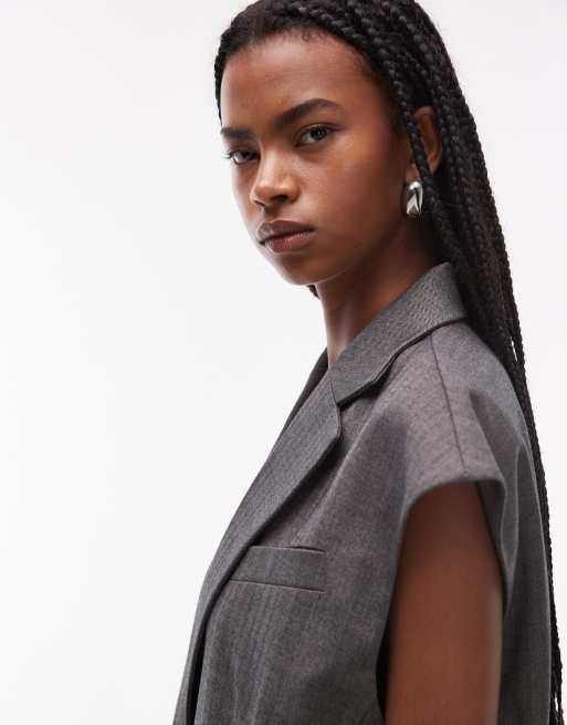 Topshop - Mouwloze blazer met visgraatmotief in grijs, 2 van 4