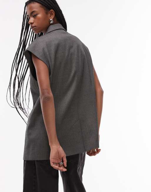 Topshop - Mouwloze blazer met visgraatmotief in grijs, 4 van 4
