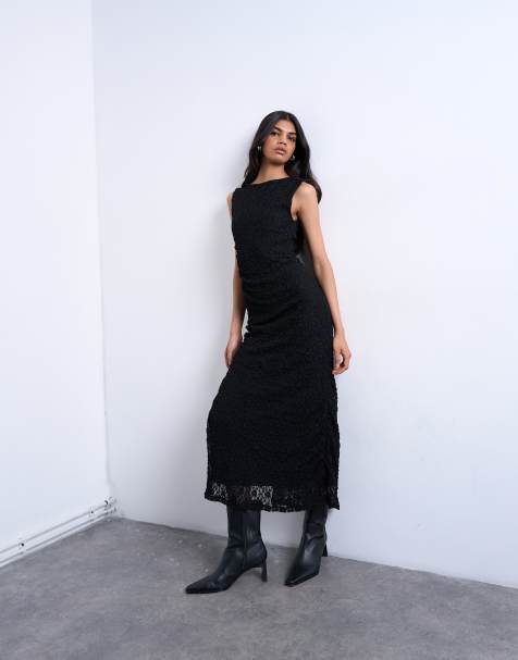 Topshop - Mouwloze kanten maxi-jurk met zijsplit in zwart - view 1