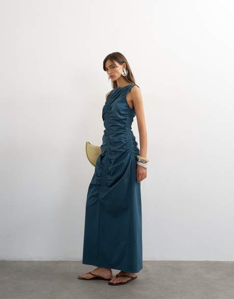 Topshop - Mouwloze midi jurk met rimpeleffect in marineblauw - view 1