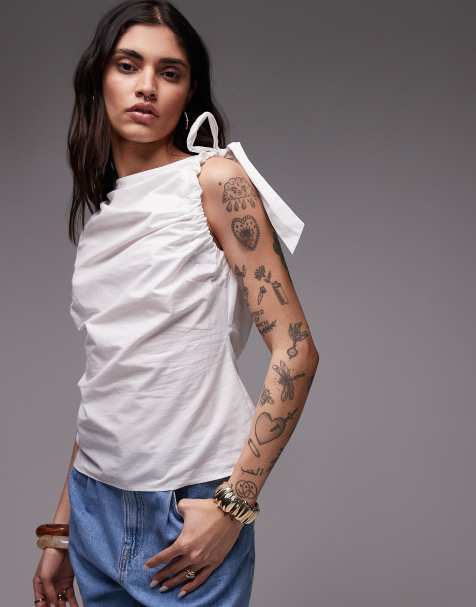 Topshop - Mouwloze poplin top met gerimpelde schouder in ivoorwit - view 1