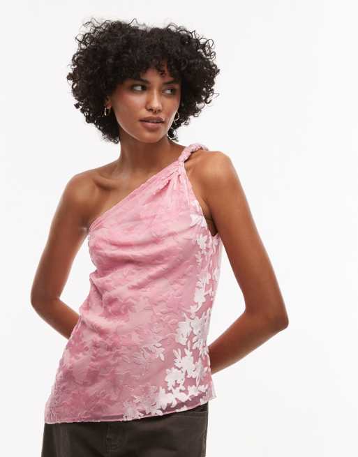 Topshop - Mouwloze top met blote schouder en gedraaid detail van fluweel in roze burnout