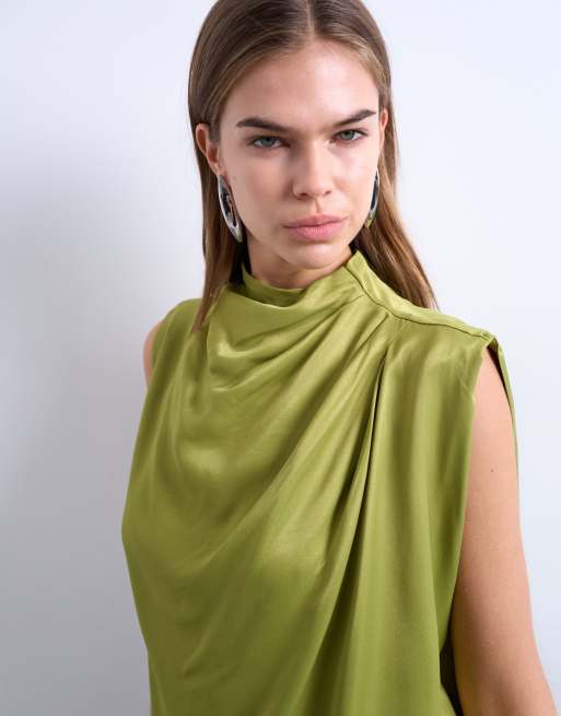 Topshop - Mouwloze tuniektop met plooien in groen, 3 van 4