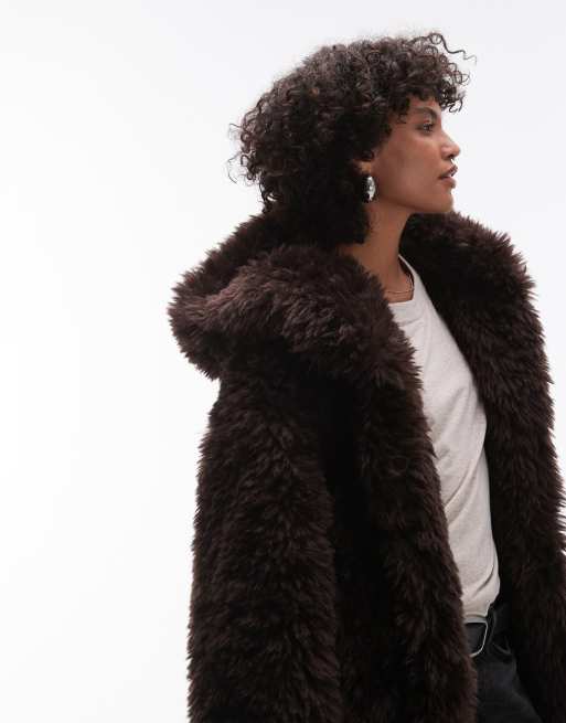 Topshop - Mørk chokoladebrun lang duffelcoat i imiteret pels med hætte, 4 af 4