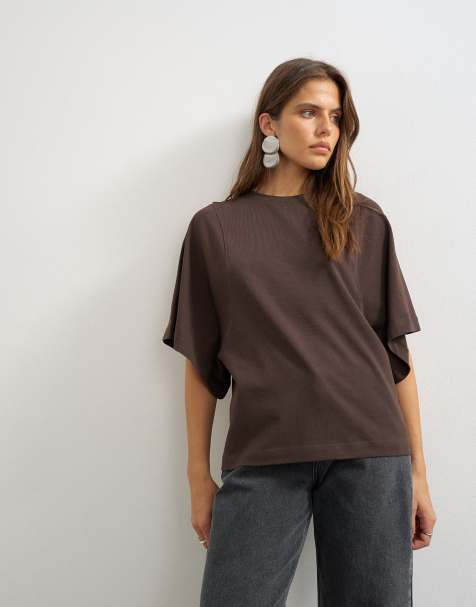 Topshop - Mørk chokoladebrun T-shirt med flagermusærmer - view 1