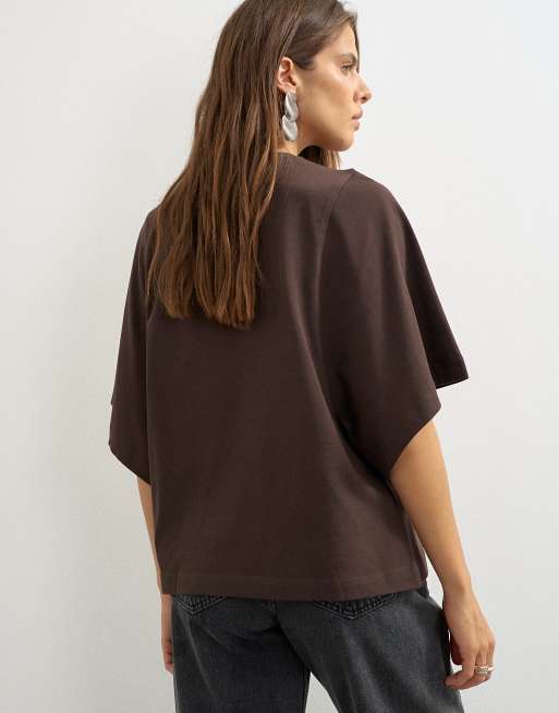 Topshop - Mørk chokoladebrun T-shirt med flagermusærmer, 3 af 4