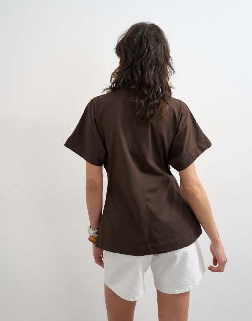 Topshop - Mørk chokoladebrun T-shirt med slids i siden, 4 af 4