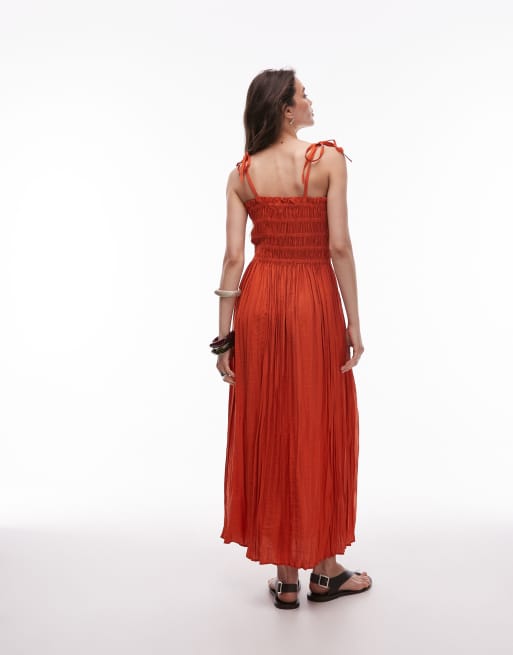 Topshop - Mørk orange midikjole med rynker over brystet i krølstof, 4 af 4