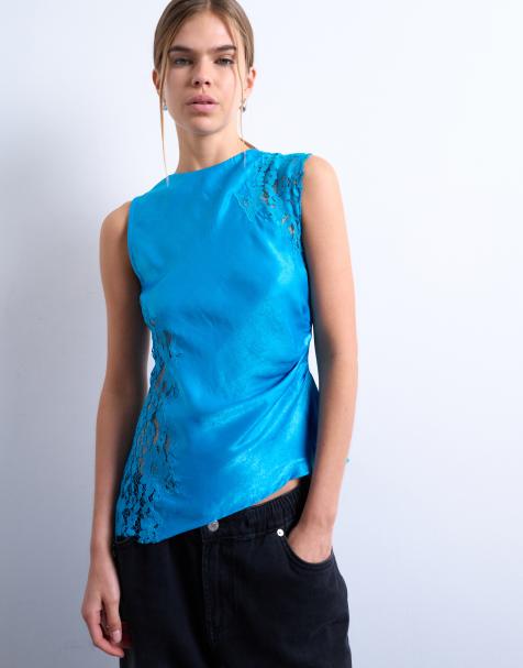 Topshop - Mørkeblå oneshoulder-top med tætsiddende ærmer og blondeindlæg - view 1