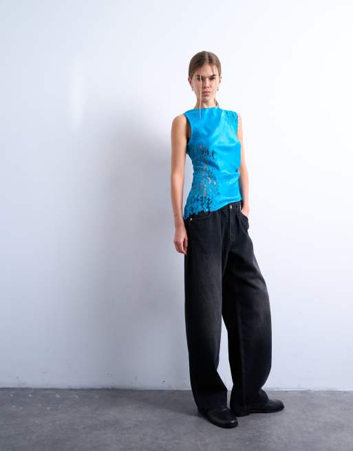 Topshop - Mørkeblå oneshoulder-top med tætsiddende ærmer og blondeindlæg, 3 af 4