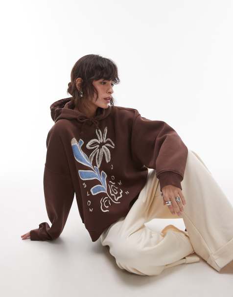 Topshop - Mørkebrun oversized hættetrøje med grafik - view 1