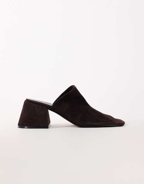 Topshop - mule de ante auténtico con tacón ancho y grueso en chocolate - view 1