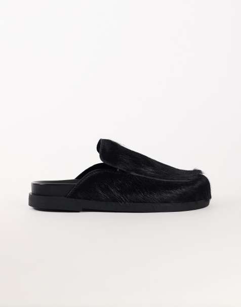 Topshop - mule tipo loafer Alexia de piel auténtica con pelo largo en negro - view 1