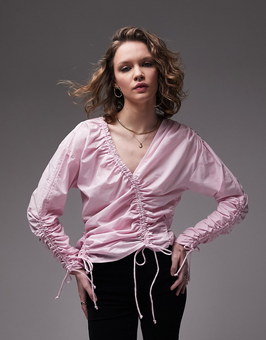 Topshop Multi Channel Ruched Poplin Top In Pink