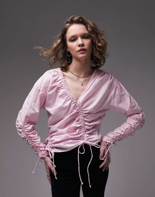 Topshop Ruched Long Sleeve Shirred Top In Pink