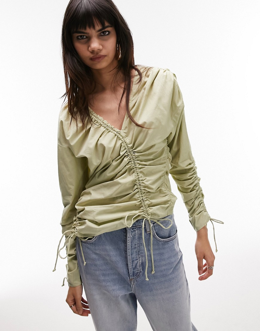 Topshop Multi Channel Ruched Poplin Top In Sage Green