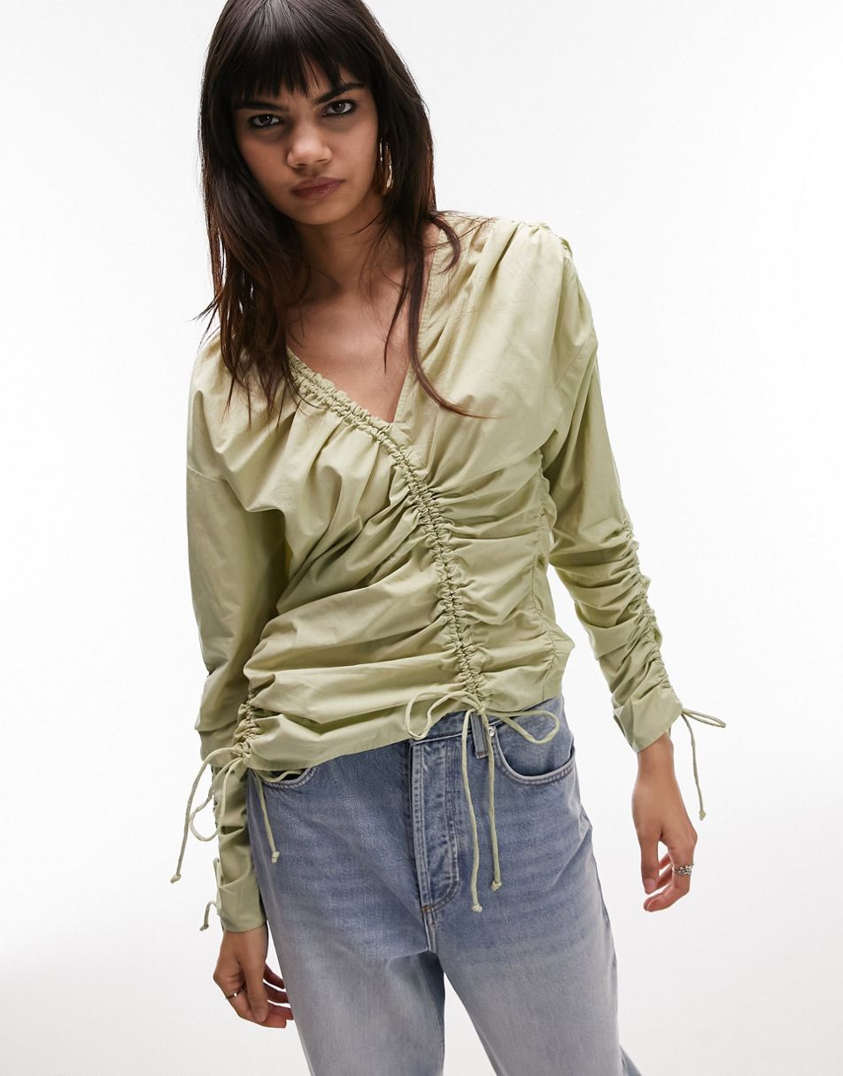 ASOS DESIGN linen top with lace up front & volume sleeve in