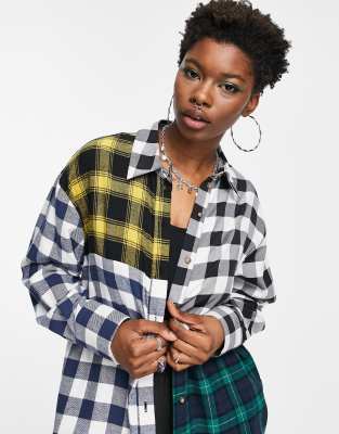 Topshop multi patchwork check oversized shirt in multi