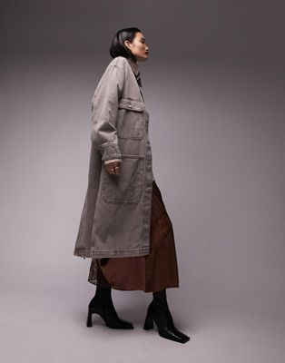 Topshop multi pocket denim duster coat in brown