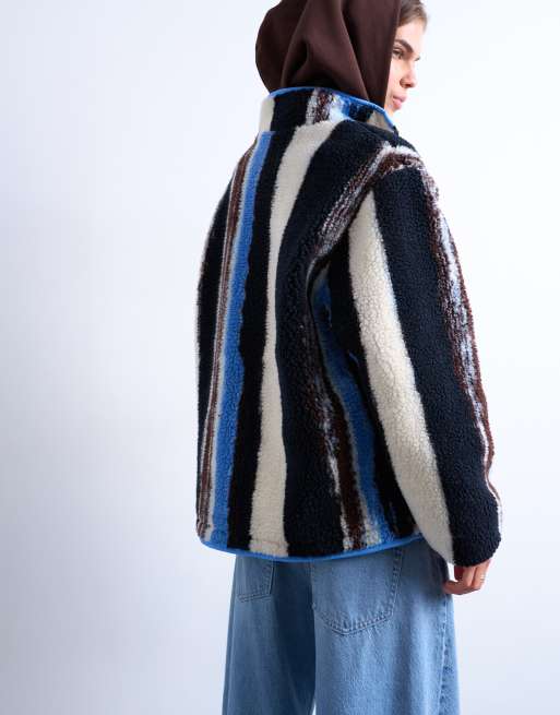 Topshop multi stripe borg fleece jacket in white stripe, 3 of 4