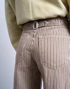 Model wearing Multi stripe cinch trouser in brown