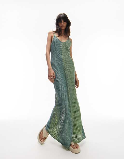 Topshop multi textured jersey column maxi dress in blue and green | ASOS