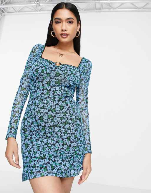Topshop - Multifarvet langærmet tea-minikjole i mesh med ringdetalje