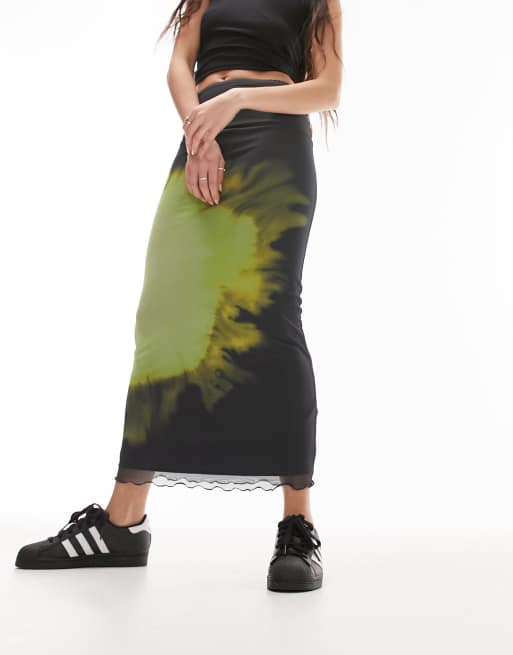 Topshop - Multifarvet midikjole i mesh med sløret space dye-print med picot-kant 